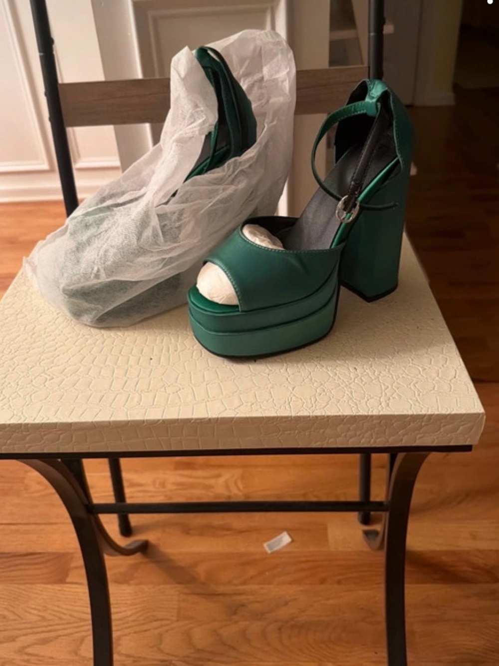 Green Platform Peep-Toe Ankle-Strap Heels